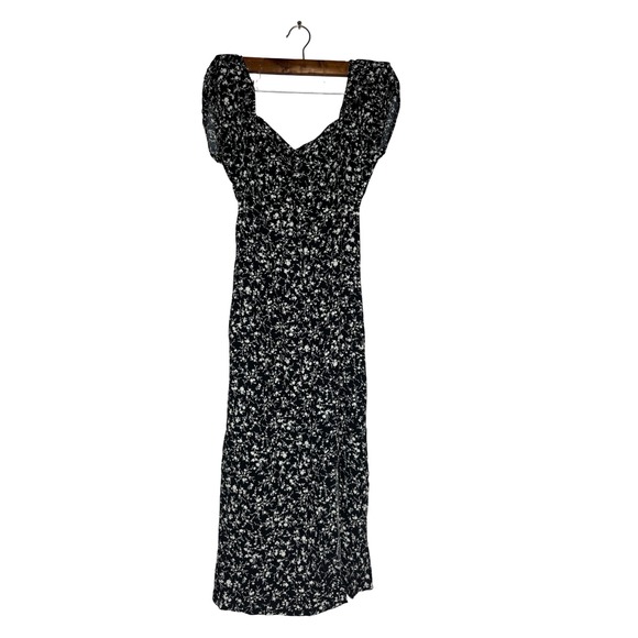 Floral MIdi Dress Sweetheart Neckline Lace-Up Back Slit Black Size S‎ - Picture 1 of 8